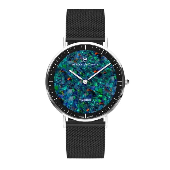 Roland Cliff Red Swiss Opal Watch 40MM with Black Mesh Strap Watches Clinks 