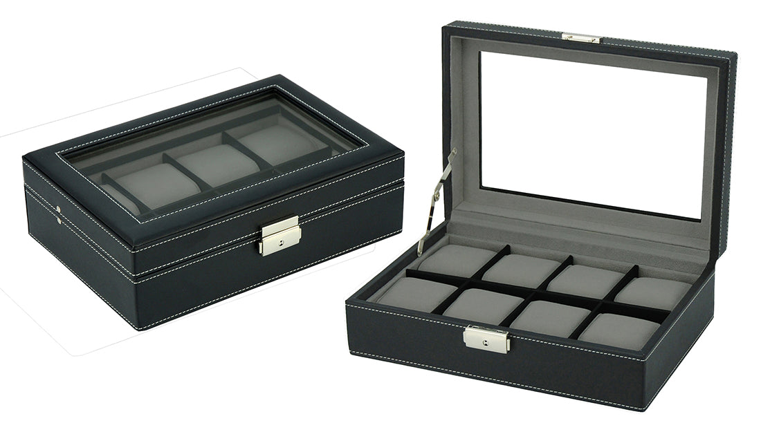 Black Leather Watch Box, 8 Watch Boxes, Cuffed Watch Box, Clink Australia Watch Box, Black Watch Boxes on Cuffed, Australia Watch Box, Watch Storage Box, Watch Display Box, 8 Slots Watch Box, Watch Box for 8, Black Watch Box, Black, Leather, Watch Boxes, Storage Boxes, CB5064, Clinks Australia