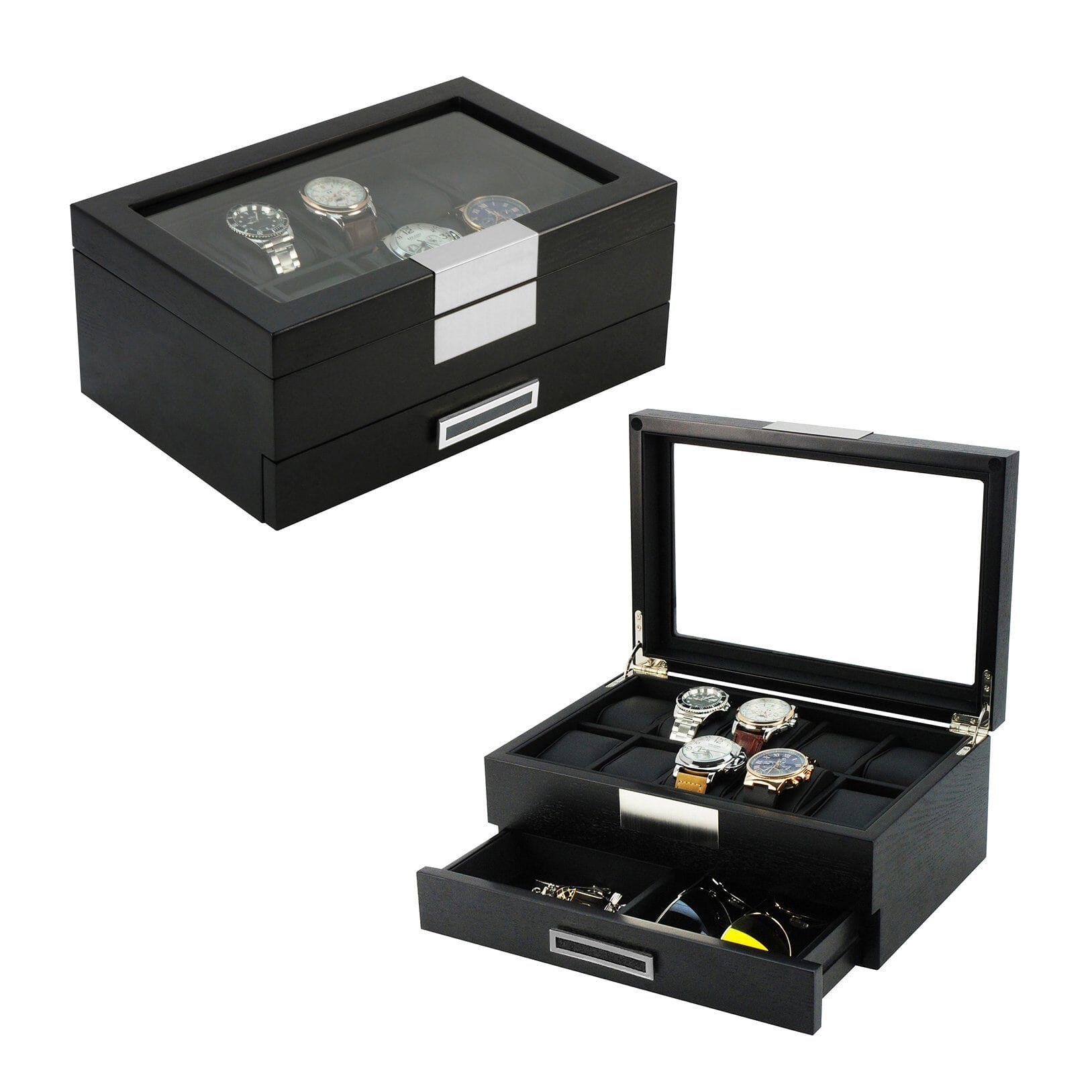 Black Wooden Watch Box for 10 Watches with a Drawer Watch Boxes Clinks 