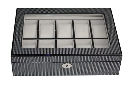 Carbon Fibre Wooden Watch Box, 10 Watch Box, Cuffed Watch Box, Clinks Australia Watch Box, Carbon Fibre Watch Boxes on Cuffed, Australia Watch Box, Watch Storage Box, Watch Display Box, 10 Slots Watch Box, Watch Boxes for 10, Wooden Watch Box, Carbon Fibre, Watch Boxes, CB5055, Clinks Australia