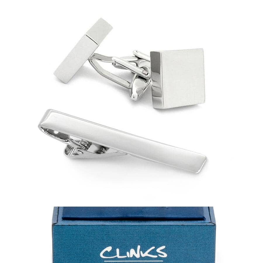 Silver Square Engravable Cufflinks & Tie Clip Set Gift Set Clinks Australia 