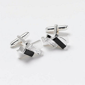 Silver Art Deco Style Set With Black Coloured Cubic Zirconia Cufflinks