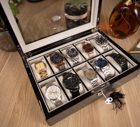 Carbon Fibre Wooden Watch Box, 10 Watch Box, Cuffed Watch Box, Clinks Australia Watch Box, Carbon Fibre Watch Boxes on Cuffed, Australia Watch Box, Watch Storage Box, Watch Display Box, 10 Slots Watch Box, Watch Boxes for 10, Wooden Watch Box, Carbon Fibre, Watch Boxes, CB5055, Clinks Australia