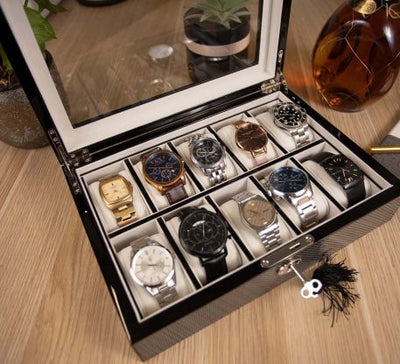 Carbon Fibre Wooden Watch Box, 10 Watch Box, Cuffed Watch Box, Clinks Australia Watch Box, Carbon Fibre Watch Boxes on Cuffed, Australia Watch Box, Watch Storage Box, Watch Display Box, 10 Slots Watch Box, Watch Boxes for 10, Wooden Watch Box, Carbon Fibre, Watch Boxes, CB5055, Clinks Australia