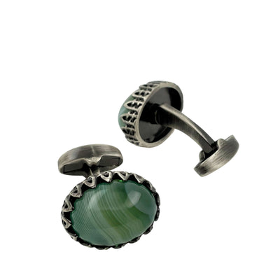 Green Agate in Antique Silver Cufflinks