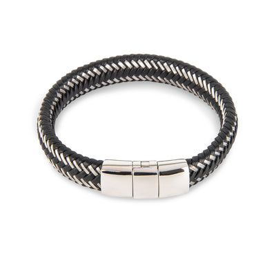 Black Leather and Silver Wire Bracelet - Silver Clasp