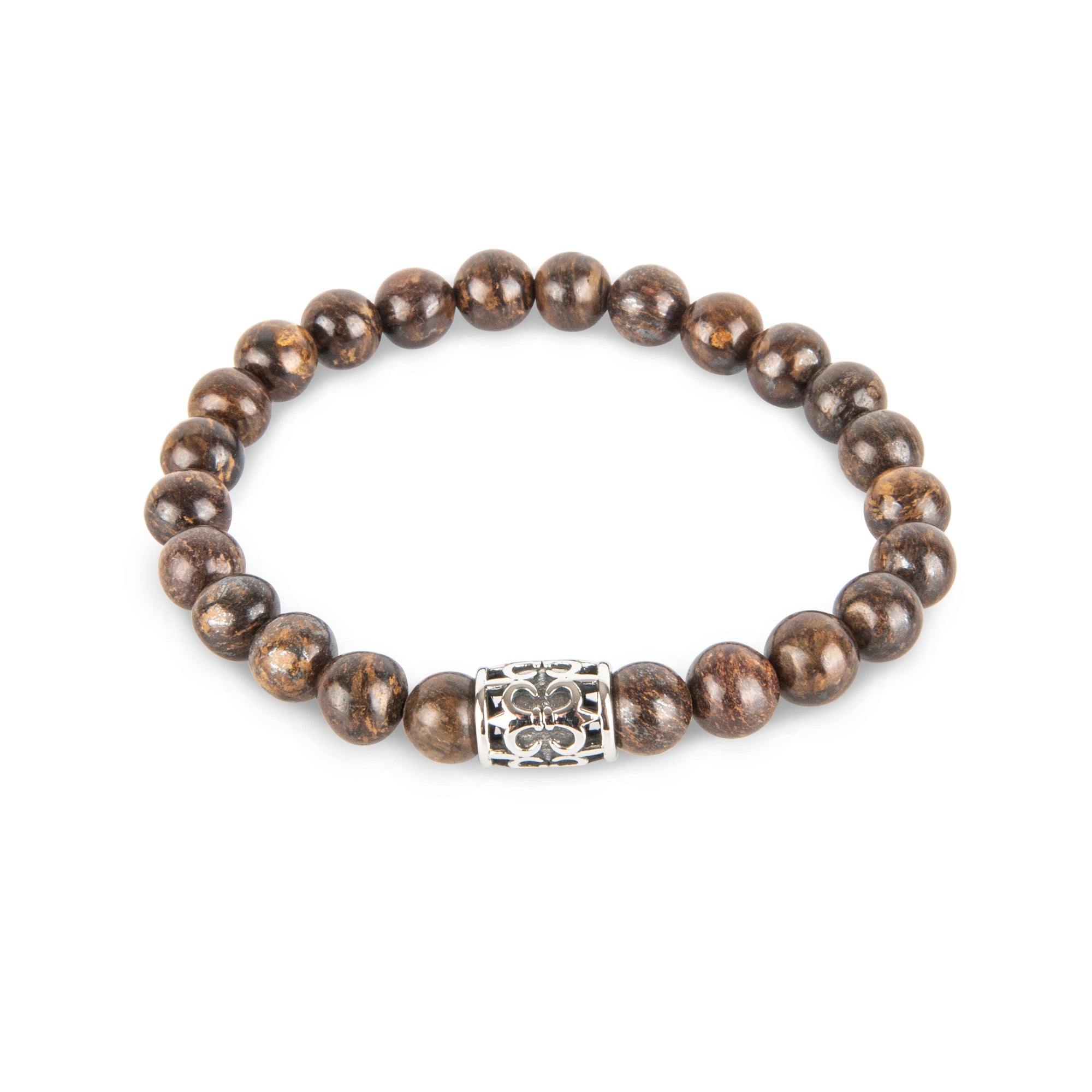 Beaded Bronzite & Silver Fleur De Lis Barrel Bracelet