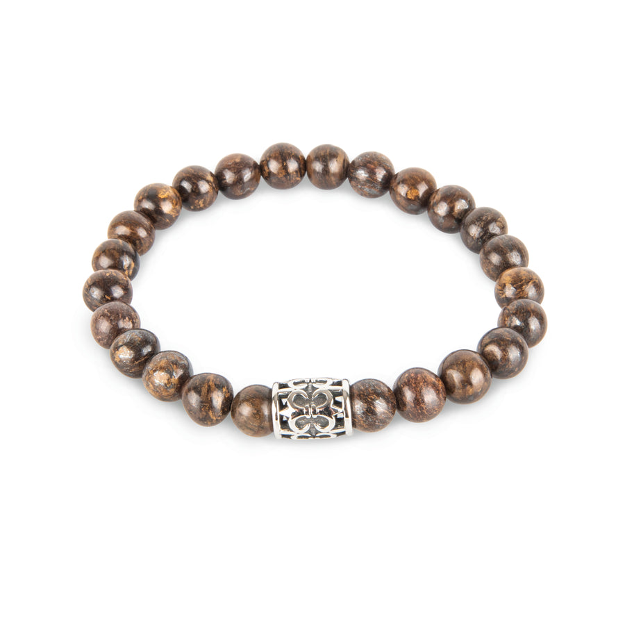 Beaded Bronzite & Silver Fleur De Lis Barrel Bracelet