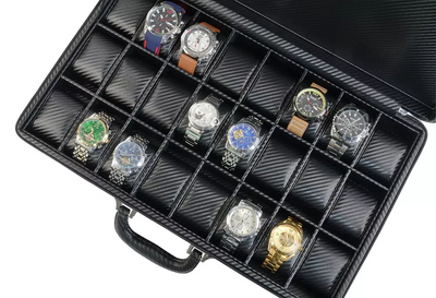 24 Slots Black Leather Watch Storage Case