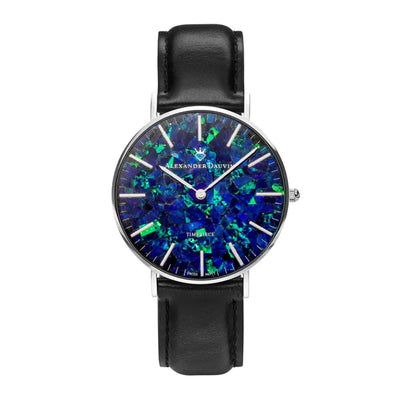 Classic Pedy Blue Swiss Opal Watch 36MM with Black Leather Strap
