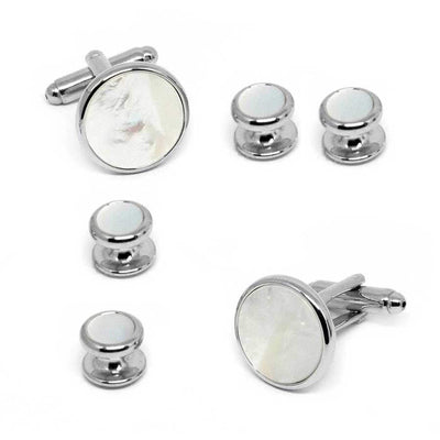 Silver Round Mother of Pearl Cufflinks and Stud Set
