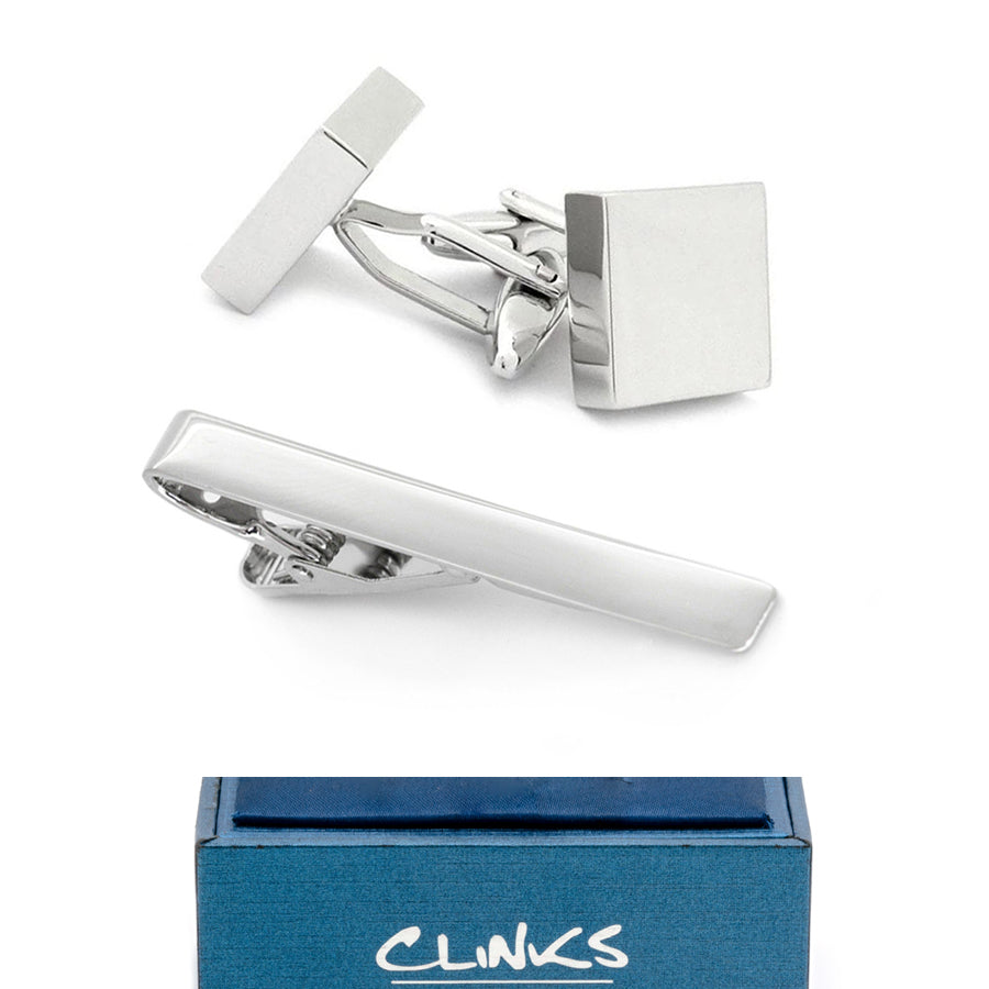 Silver Square Engravable Cufflinks & Tie Clip Set