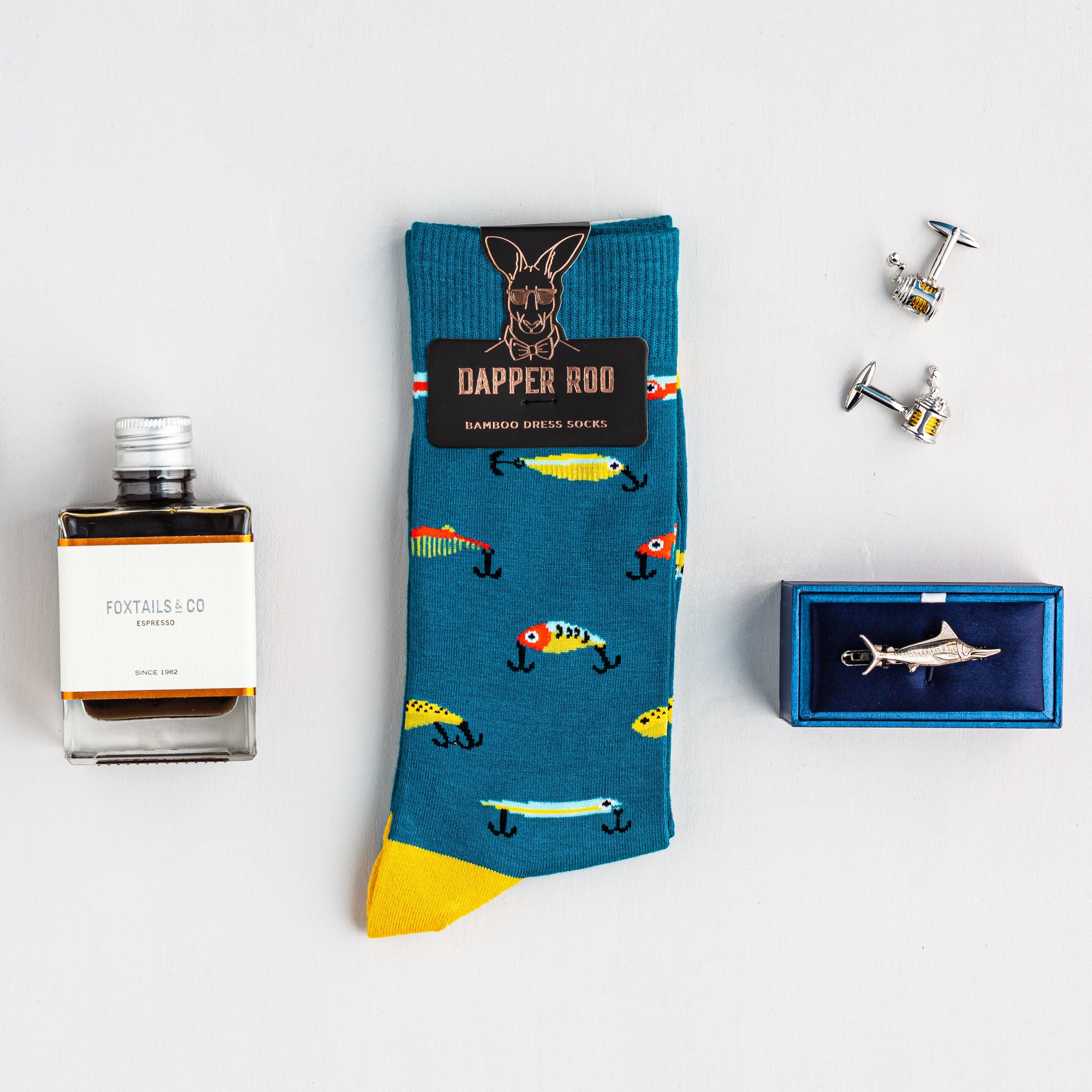 Fishing Cocktail Gift Set, Fishing Gift Set, Socks Gift Set, Gift Sets, Socks, Cufflinks, Tie Bars, Location: SK2030+CL4070+TC4030, GS2002, Clinks Australia