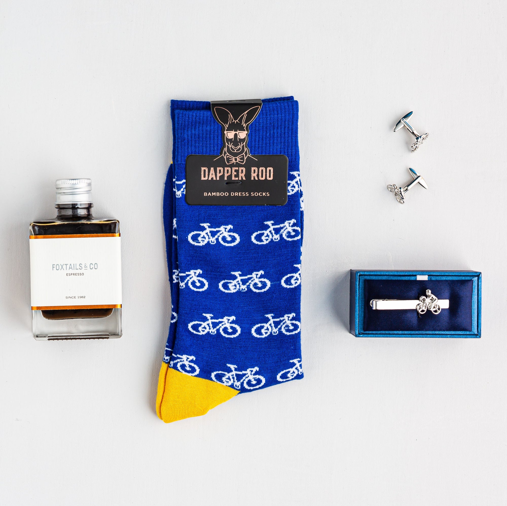 Cyclist Cocktail Gift Set, Cyclist Gift Set, Socks Gift Set, Gift Set, Location: SK2004+CL4041+TC3150, GS2003, Silver, Socks, Cufflinks, Tie Bars, Clinks Australia