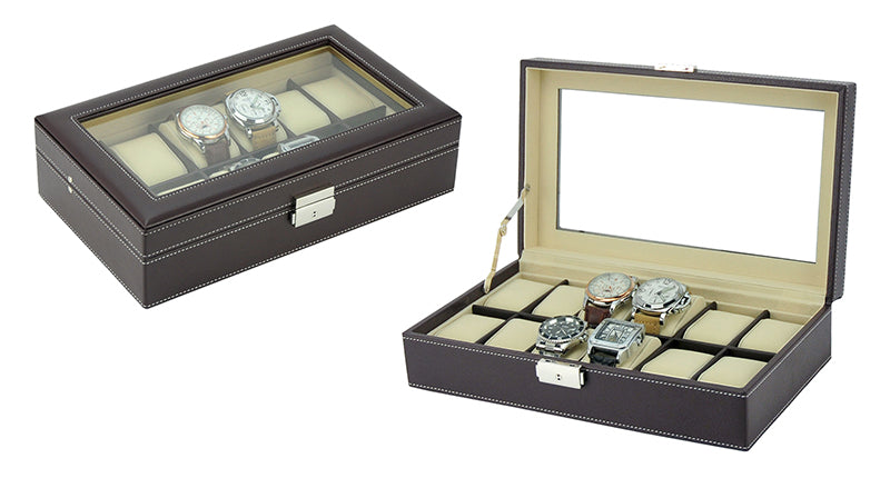 Dark Brown Leather Watch Box for 12 Watches, Watch Boxes, Watch Box, Storage Boxes, Dark Brown, Leather, Watch Box for 12 Watches, CB5079, Clinks Australia