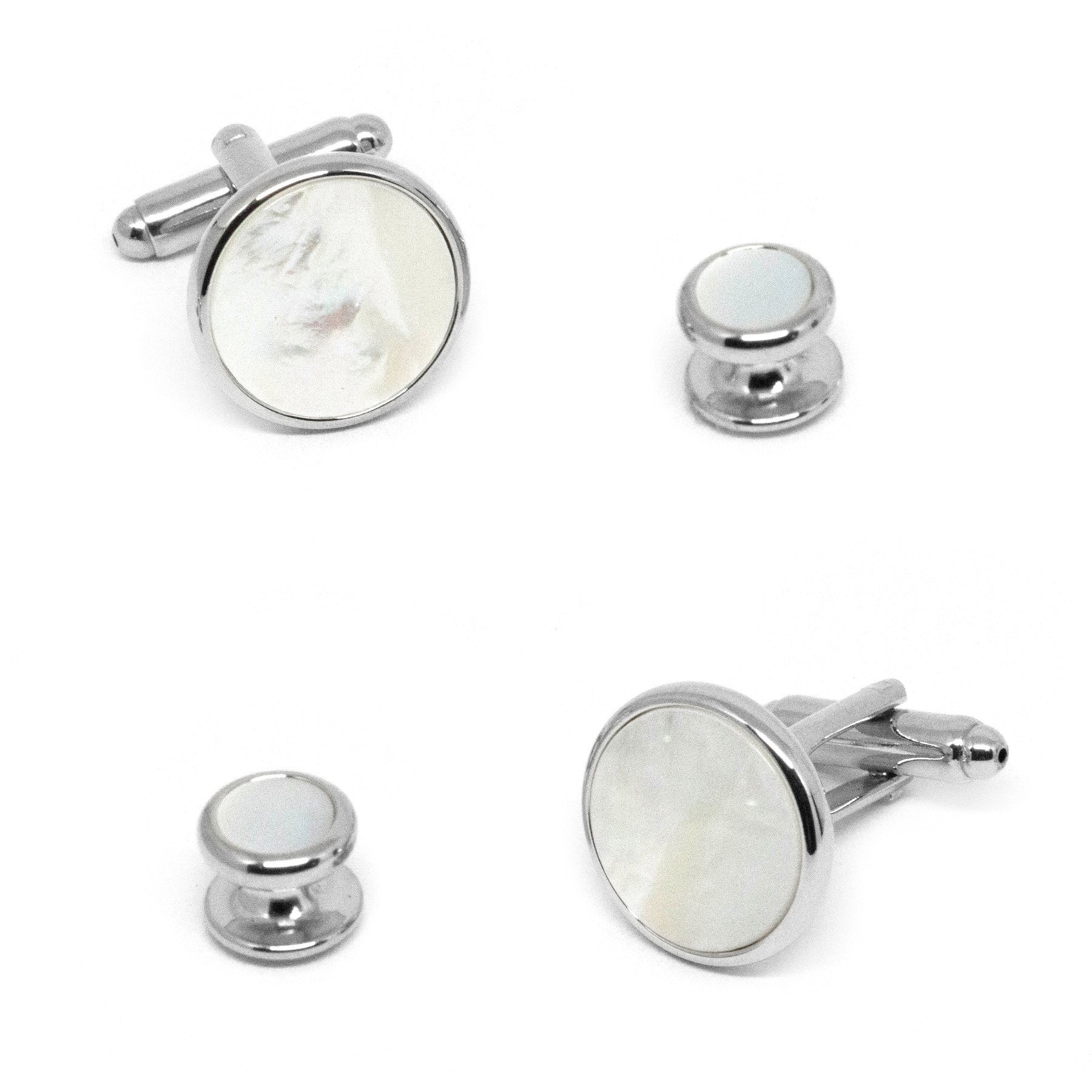 Silver Round Mother of Pearl Cufflinks and Stud Set