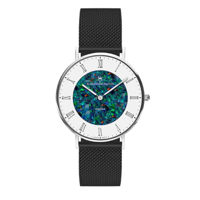 Romano Cliff Red Swiss Opal Watch 36MM with Black Mesh Strap