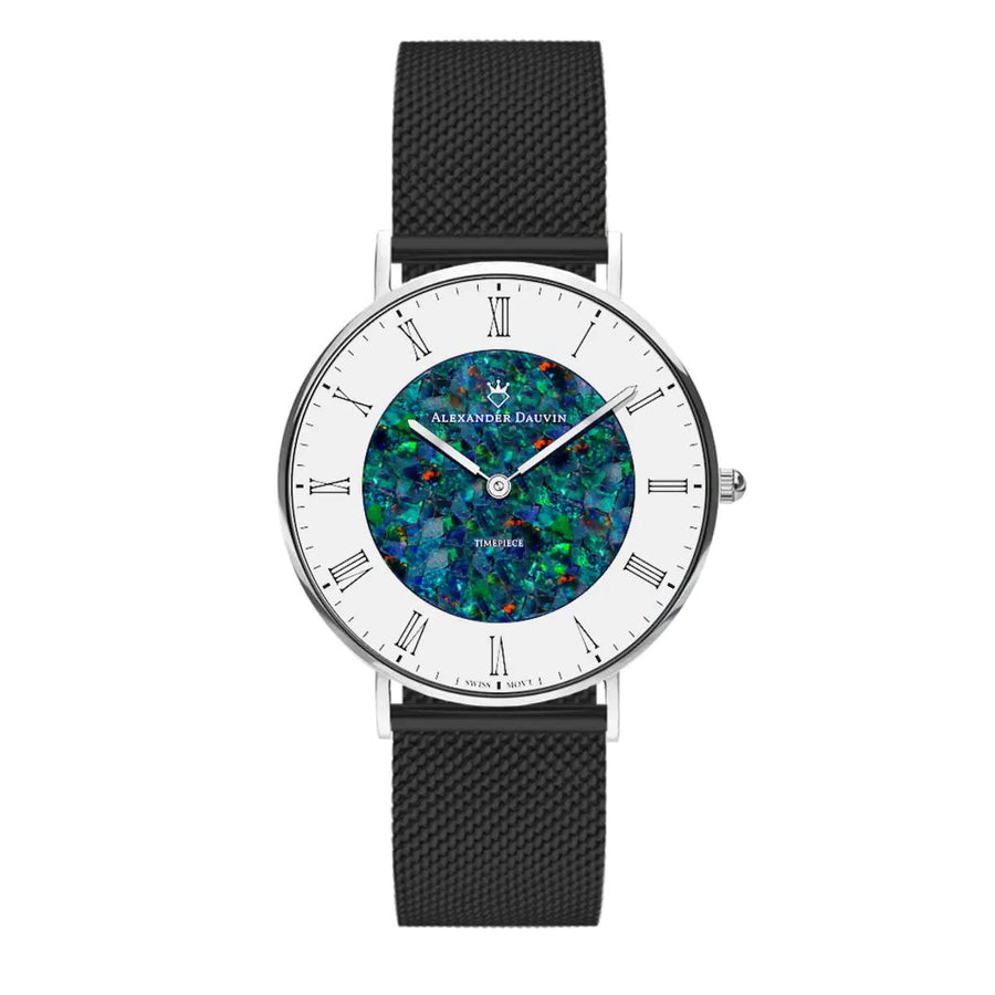 Romano Cliff Red Swiss Opal Watch 36MM with Black Mesh Strap