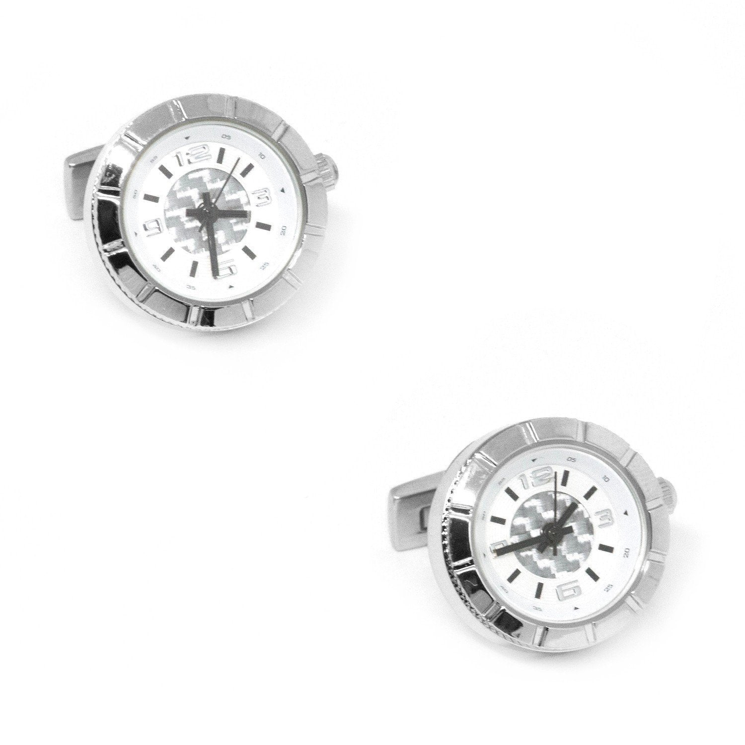 Round Silver Carbon Fibre Working Watch Clock Cufflinks