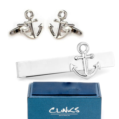 Ship Anchor Silver Cufflinks & Tie Bar Set