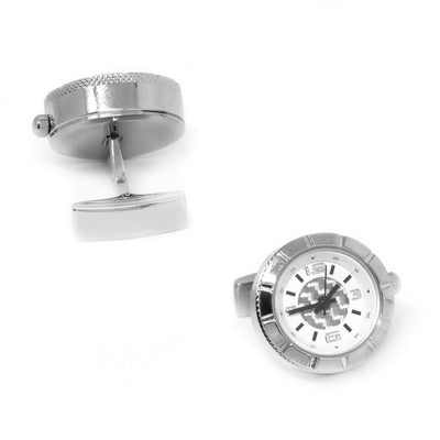 Round Silver Carbon Fibre Working Watch Clock Cufflinks