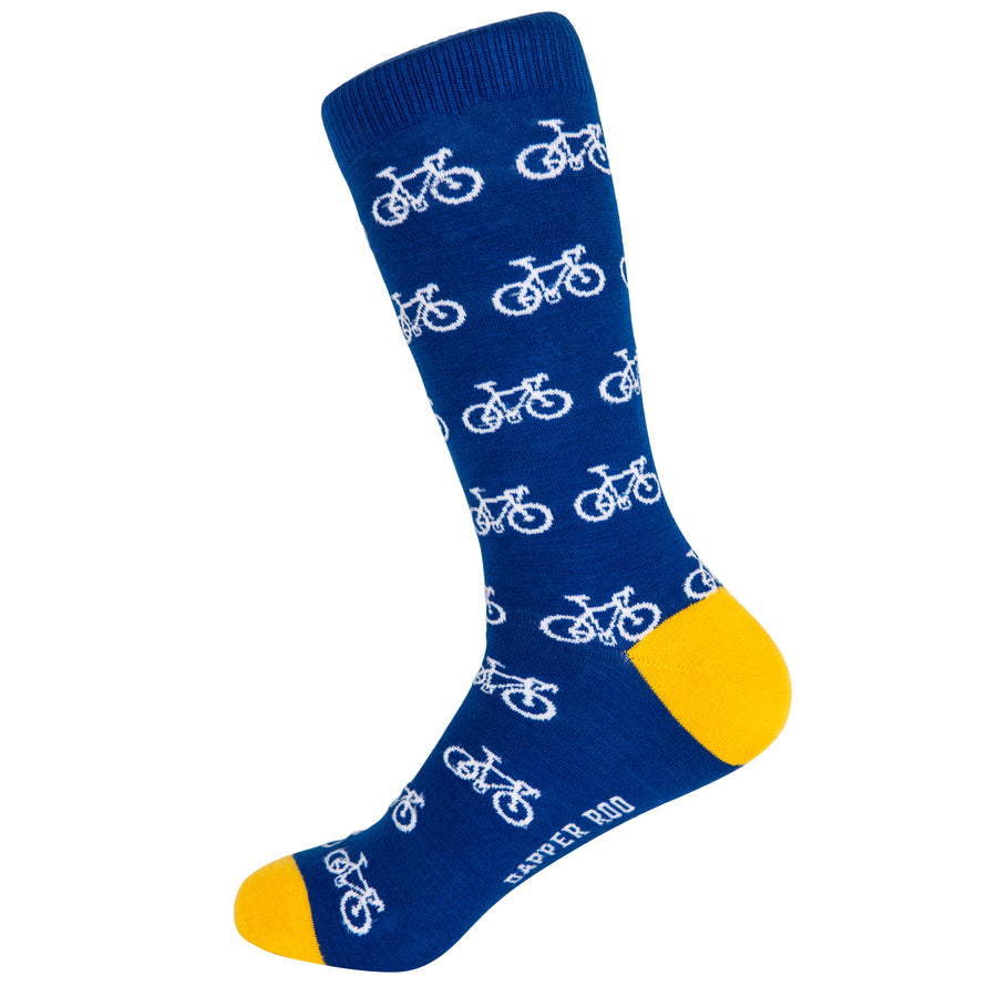 Ride On Bicycle Cycling Bamboo Socks by Dapper Roo, Bicycle Cycling Socks, Dapper Roo, Socks, Blue, Yellow, White, Bamboo, Elastane, Nylon, Elastic, SK2004, Men's Socks, Socks for Men, Clinks Australia