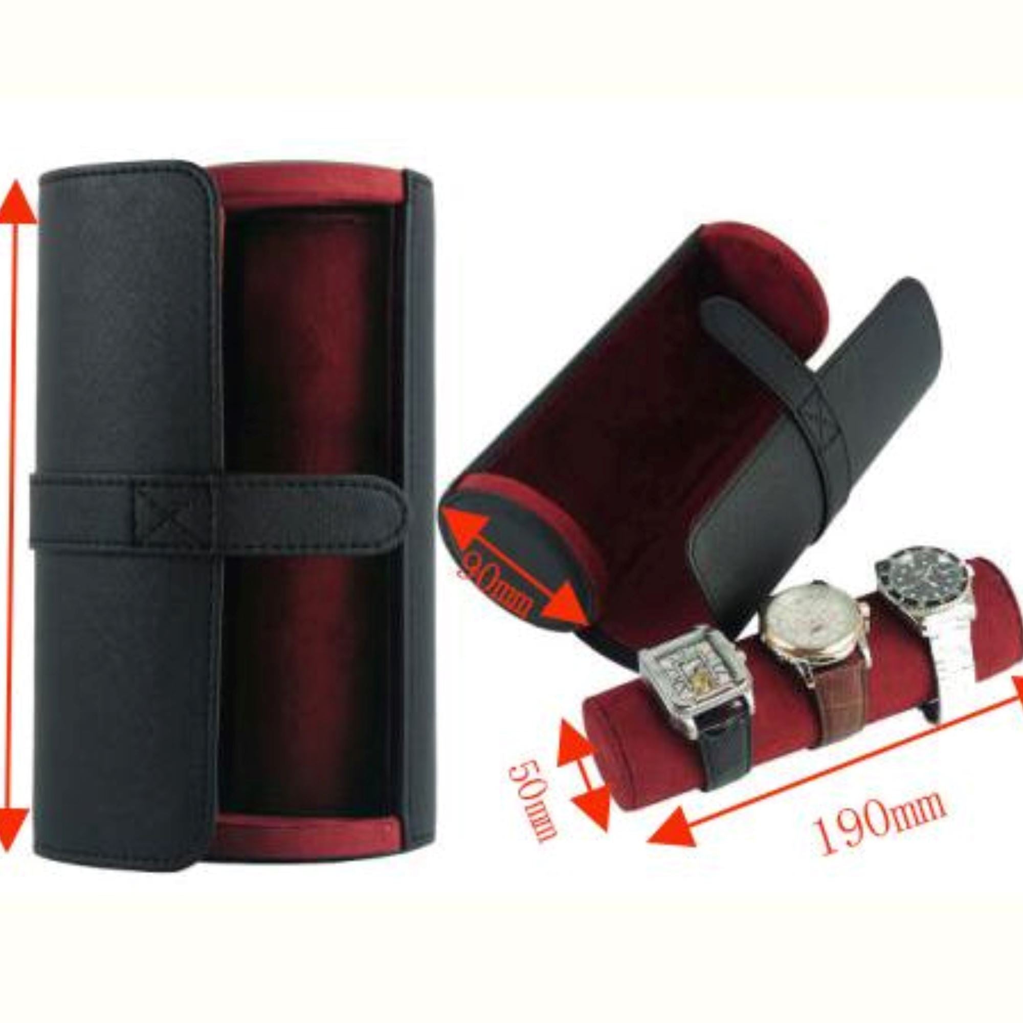 Watch Roll Case for 3 in Black Vegan Leather Watch Boxes Clinks 