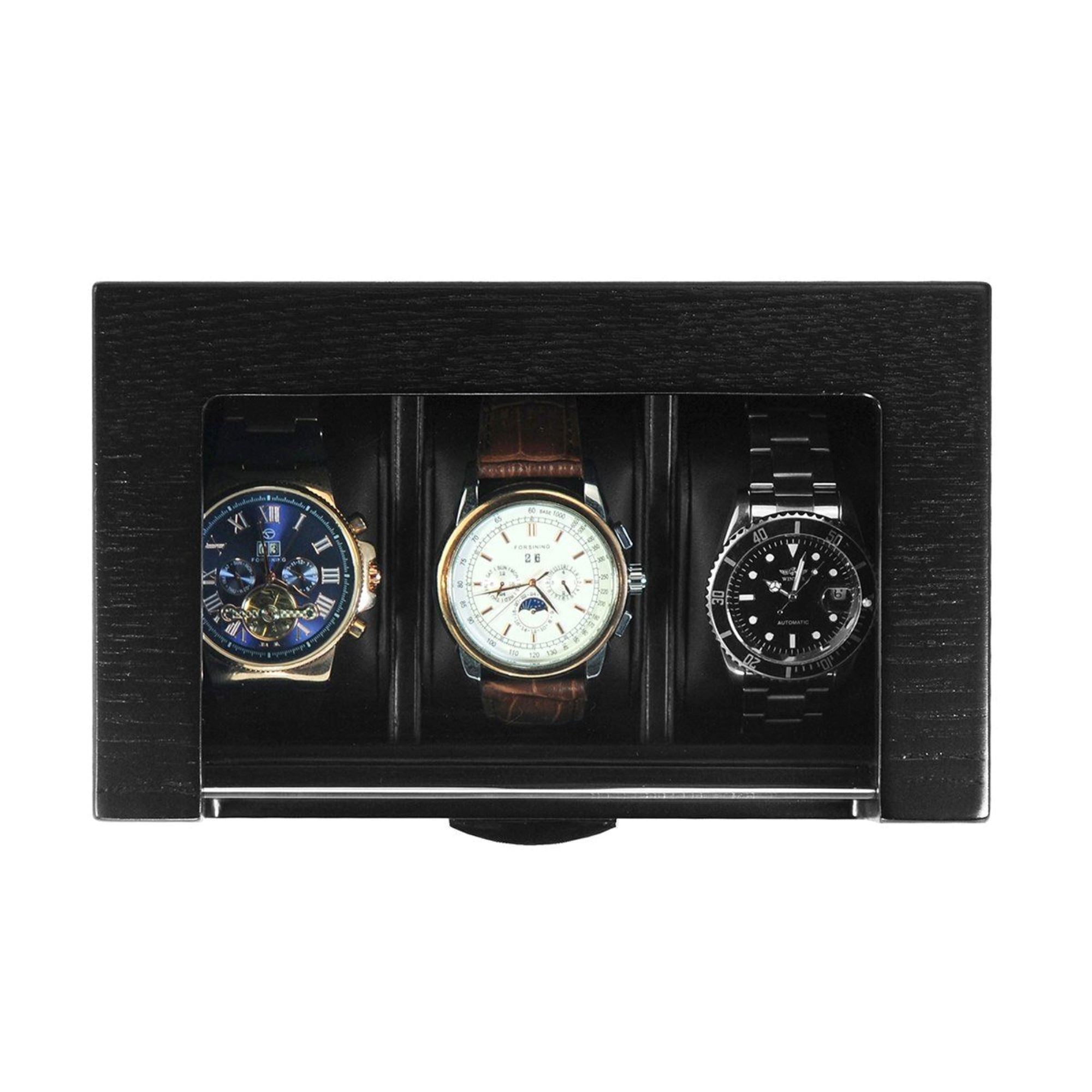 3 Slots Black Wooden Watch Box Watch Boxes Clinks 