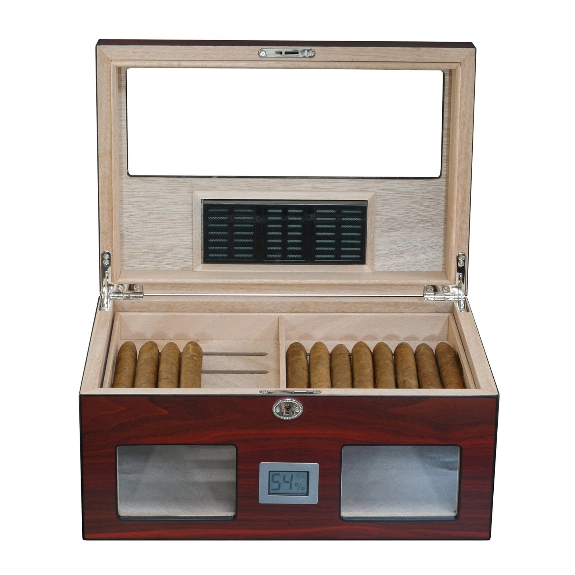 100 CT Cherry Wooden Cigar Humidor Box with Digital Hygrometer