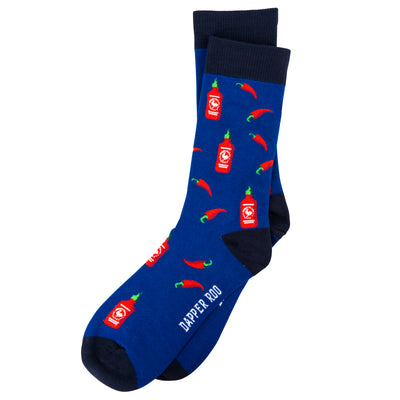 Spicy Kick Chilli and Hot Sauce Bamboo Socks by Dapper Roo, Chilli and Hot Sauce Socks, Dapper Roo, Socks, Blue, Black, Multi, Bamboo, Elastane, Nylon, Elastic, SK2039, Men's Socks, Socks for Men, Clinks Australia