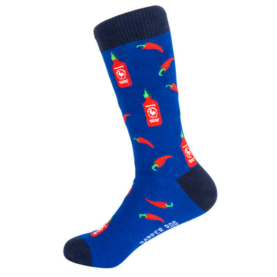 Spicy Kick Chilli and Hot Sauce Bamboo Socks by Dapper Roo, Chilli and Hot Sauce Socks, Dapper Roo, Socks, Blue, Black, Multi, Bamboo, Elastane, Nylon, Elastic, SK2039, Men's Socks, Socks for Men, Clinks Australia