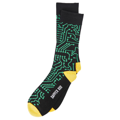 Tech Nerd Circuit Board Bamboo Socks by Dapper Roo, Tech Nerd Circuit Board Socks, Dapper Roo, Socks, Black, Yellow, Green, Bamboo, Elastane, Nylon, Elastic, SK2027, Men's Socks, Socks for Men, Clinks Australia