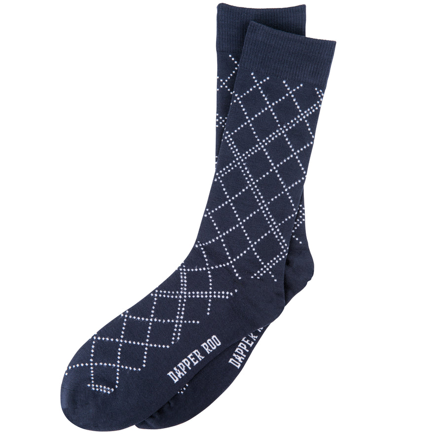 Diamond Lattice Blue Bamboo Socks by Dapper Roo, Diamond Lattice Bamboo Socks, Dapper Roo, Socks, Navy Blue, White, Bamboo, Elastane, Nylon, Elastic, SK2041, Men's Socks, Socks for Men, Clinks Australia