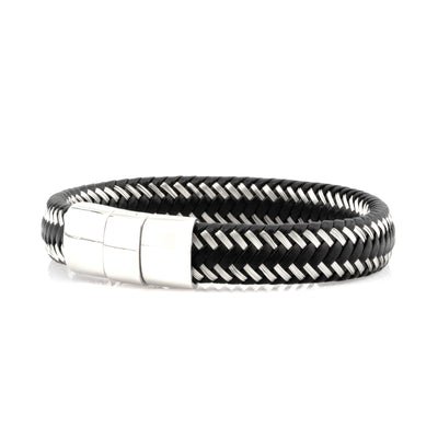 Black Leather and Silver Wire Bracelet - Silver Clasp