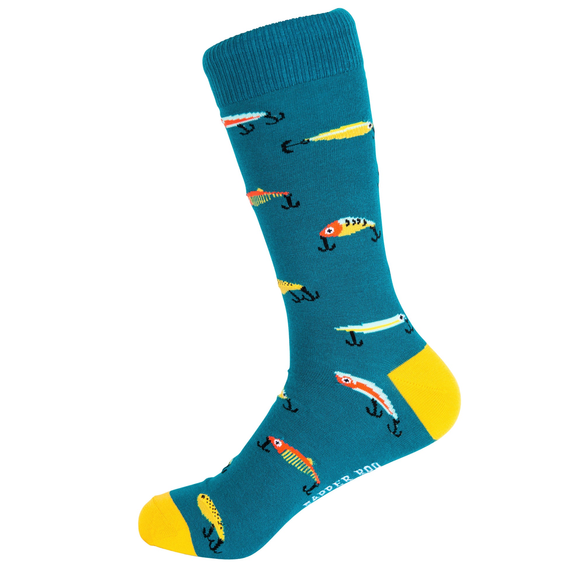 Gone Fishing Bamboo Socks by Dapper Roo, Gone Fishing Socks, Dapper Roo, Socks, Teal, Yellow, Multi, Bamboo, Elastane, Nylon, Elastic, SK2030, Men's Socks, Socks for Men, Clinks Australia