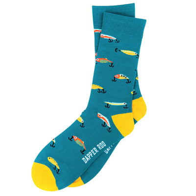 Gone Fishing Bamboo Socks by Dapper Roo, Gone Fishing Socks, Dapper Roo, Socks, Teal, Yellow, Multi, Bamboo, Elastane, Nylon, Elastic, SK2030, Men's Socks, Socks for Men, Clinks Australia