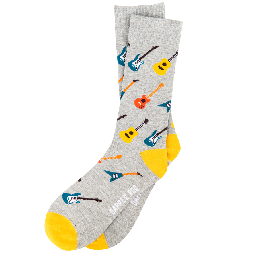Rock On Guitar Bamboo Socks by Dapper Roo, Rock on Guitar Socks, Dapper Roo, Socks, Heather Grey, Yellow, Multi, Bamboo, Elastane, Nylon, Elastic, SK2014, Men's Socks, Socks for Men, Clinks Australia