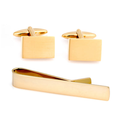 Shiny Gold Rectangle Engravable Cufflinks & Tie Bar Set