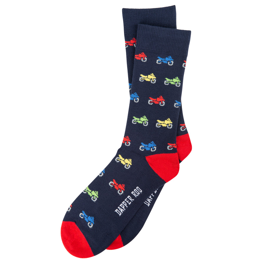 Racer Sports Motorcycle Bamboo Socks by Dapper Roo, Racer Sports Motorcycle Socks, Dapper Roo, Socks, Navy Blue, Red, Multi, Bamboo, Elastane, Nylon, Elastic, SK2028, Men's Socks, Socks for Men, Clinks Australia