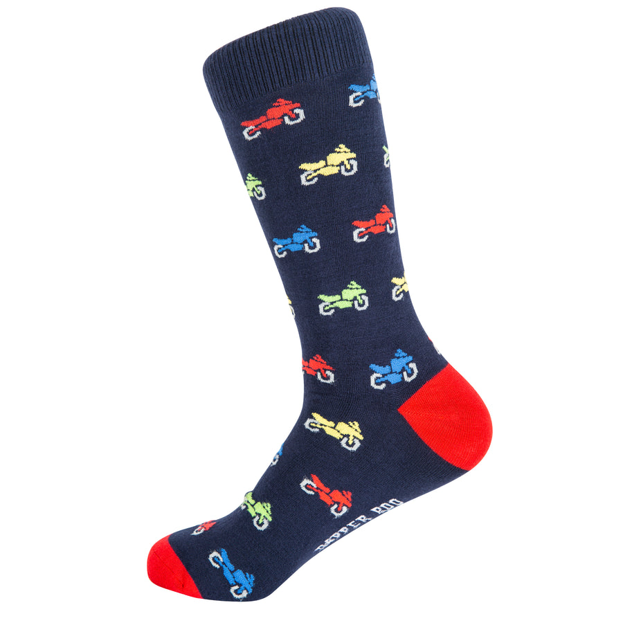 Racer Sports Motorcycle Bamboo Socks by Dapper Roo, Racer Sports Motorcycle Socks, Dapper Roo, Socks, Navy Blue, Red, Multi, Bamboo, Elastane, Nylon, Elastic, SK2028, Men's Socks, Socks for Men, Clinks Australia
