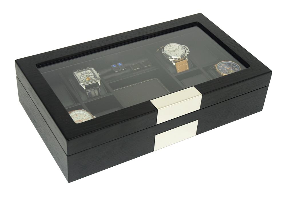 Black Wooden Watch Box, 8 Watch Box, Cuffed Watch Box, Clinks Australia Watch Box, Black Watch Boxes on Cuffed, Australia Watch Box, Watch Storage Box, Watch Display Box, 8 Slots Watch Boxes, Watch Boxes for 8, Wooden Watch Box, Black Wooden Watches + Organizer, CB5009, Clinks Australia