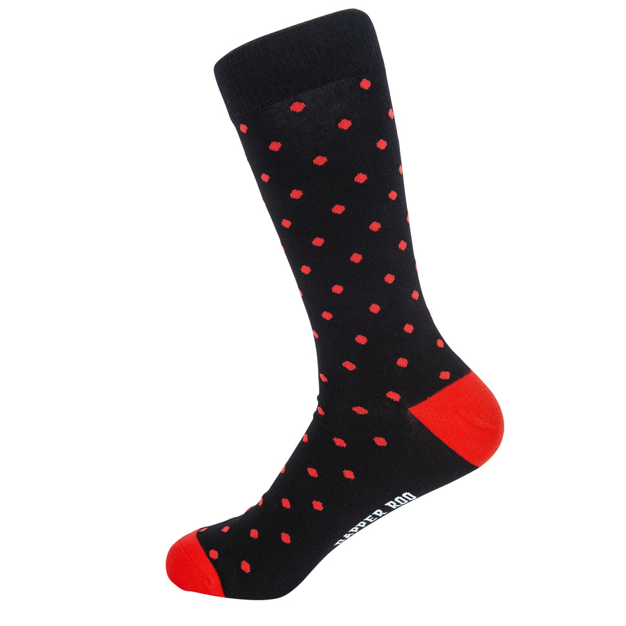 Spotted Red Dot Black Bamboo Socks by Dapper Roo, Spotted Red Dot Black Socks, Dapper Roo, Socks, Black, Red, Bamboo, Elastane, Nylon, Elastic, SK2045, Men's Socks, Socks for Men, Clinks Australia