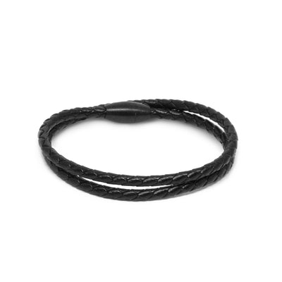 Black Braided Leather Double Wrap Bracelet Matte Black Clasp