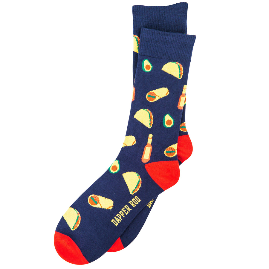Taco Tuesday Mexican Bamboo Socks by Dapper Roo, Taco Tuesday Mexican Socks, Dapper Roo, Socks, Navy Blue, Red, Multi, Bamboo, Elastane, Nylon, Elastic, SK2038, Men's Socks, Socks for Men, Clinks Australia