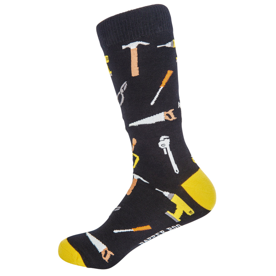 Handyman Tools Bamboo Socks by Dapper Roo, Handyman Tools Socks, Dapper Roo, Socks, Black, Yellow, Multi, Bamboo, Elastane, Nylon, Elastic, SK2018, Men's Socks, Socks for Men, Clinks Australia