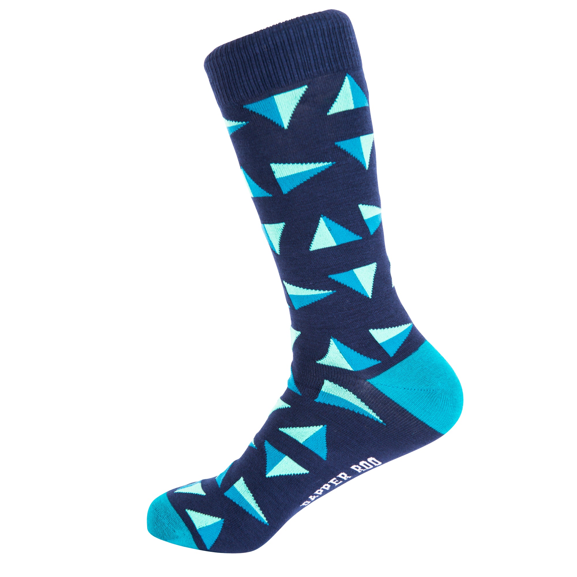 Geometric Triangle Bamboo Socks by Dapper Roo, Geometric Triangle Socks, Dapper Roo, Socks, Navy Blue, Teal, Light Green, Bamboo, Elastane, Nylon, Elastic, SK2048, Men's Socks, Socks for Men, Clinks Australia
