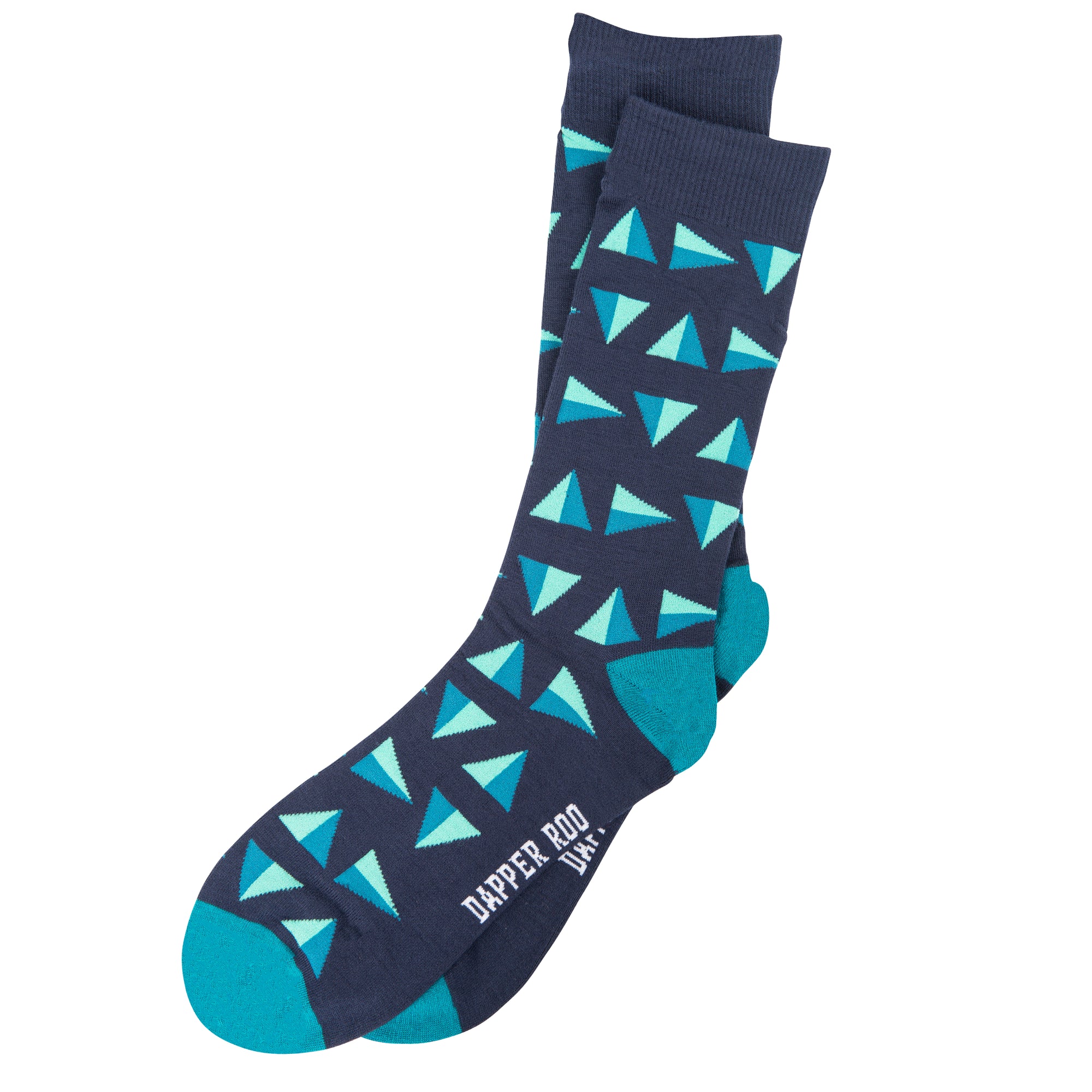 Geometric Triangle Bamboo Socks by Dapper Roo, Geometric Triangle Socks, Dapper Roo, Socks, Navy Blue, Teal, Light Green, Bamboo, Elastane, Nylon, Elastic, SK2048, Men's Socks, Socks for Men, Clinks Australia