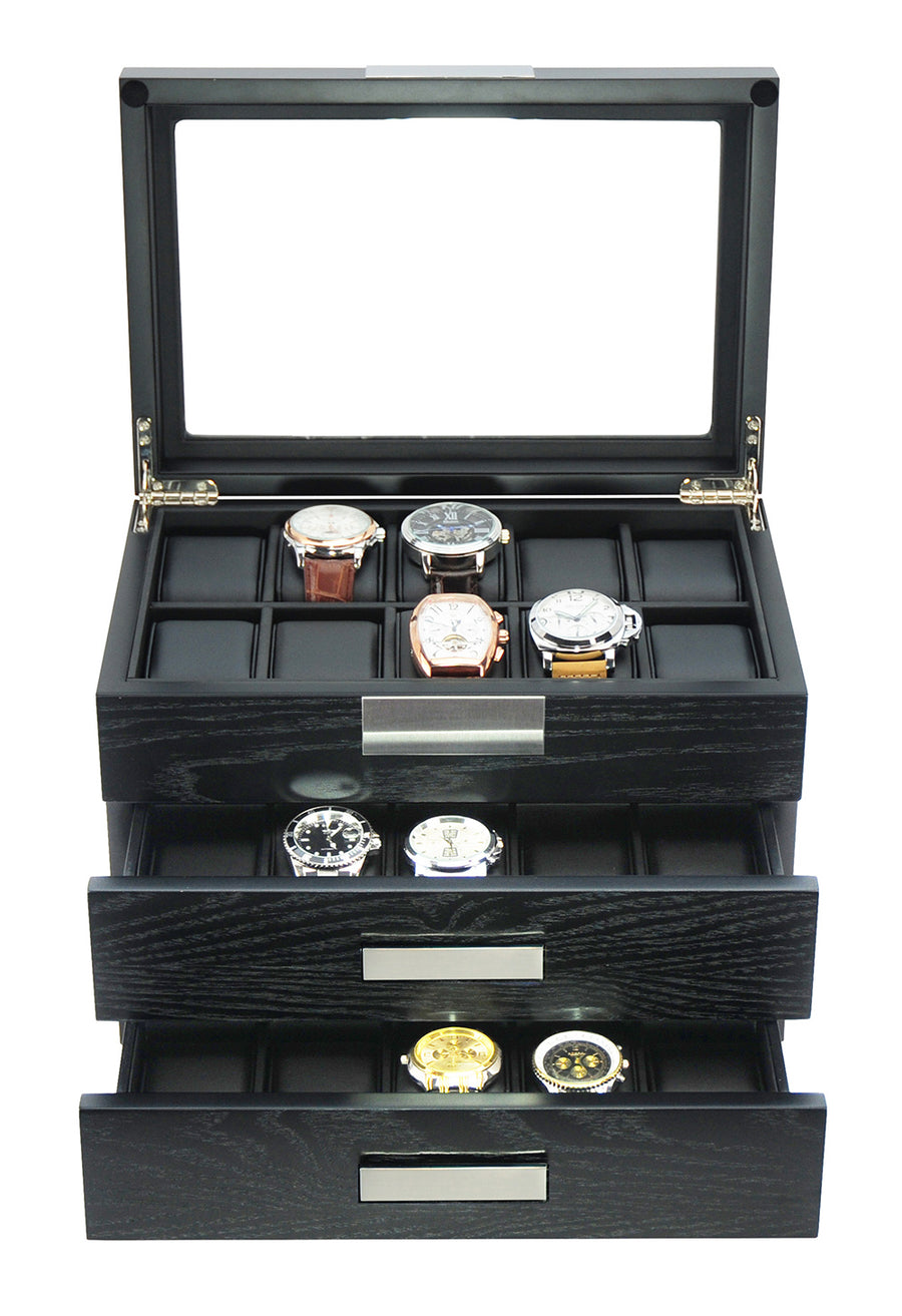 Black Wooden Watch Box, 30 Watch Box, Cuffed Watch Box, Clinks Australia Watch Box, Black Watch Boxes on Cuffed, Australia Watch Box, Watch Storage Box, Watch Display Box, 30 Slots Watch Boxes, Watch Boxes for 30, Wooden Watch Box, Black, Wooden, Watch Boxes with Drawer, Storage Boxes, CB5047, Clinks Australia